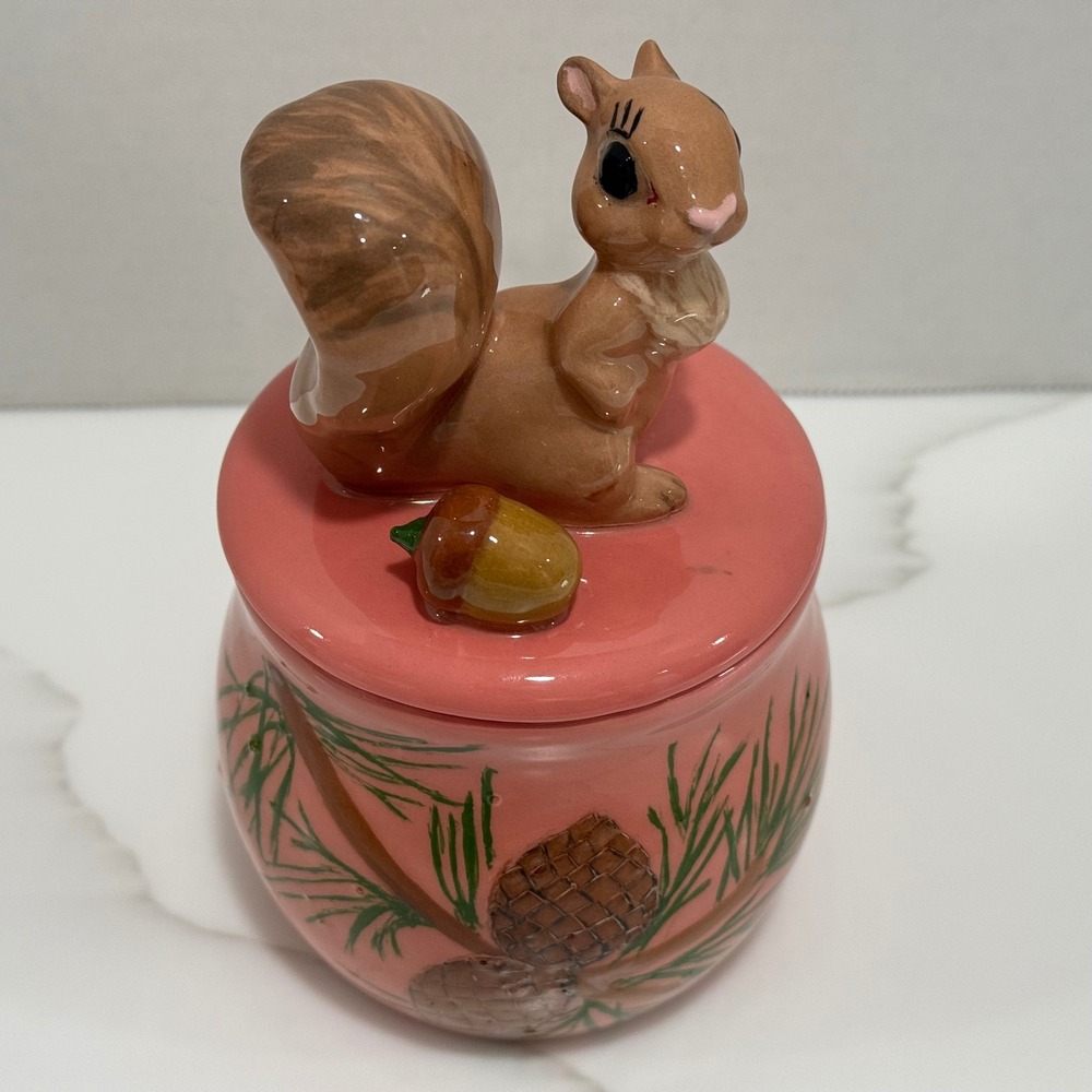 Vintage 1960 Ceramic Hand Painted 3D Squirrel Acorn Lidded Jar Trinket 6.5" MCM